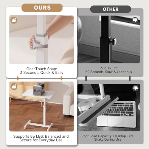 GTPLAYER Small Standing Desk, 24 Inches Mobile Foldable Rolling Laptop PC Table with Lockable Casters, Adjustable Height Overbed Bedside Table Computer Workstation for Home Office, White GTPLAYER