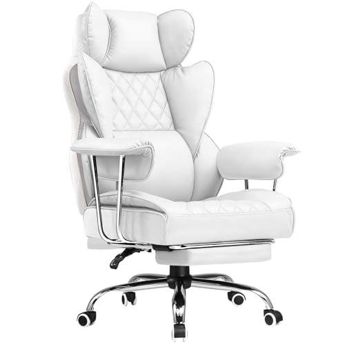 COMHOMA Big and Tall Gaming Chair with Pocket Spring Lumbar Support, Ergonomic Office Chair with Footrest, Executive Desk Chair with Outward Fixed Soft Armrests, Computer Chair with High Back, White COMHOMA