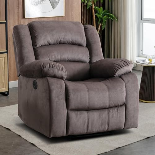 EBELLO Classic Power Recliner Chair, Oversized Electric Reclining Chair with Overstuffed Cushion and Back, Soft Fabric Adults Single Recliner Sofa for Living Room, Brown