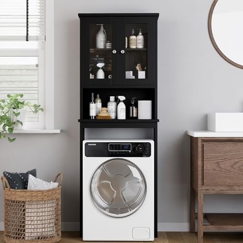Shintenchi Over The Toilet Storage Cabinet, Bathroom Shelf Organizer with Anti-Tip Device Small Freestanding Space Saver with Adjustable Shelf and Glass Door, Black Shintenchi