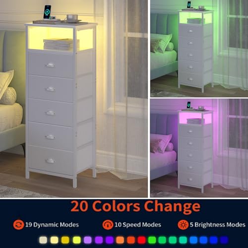 sthmec Nightstand with Charging Station,LED White Nightstands with 5 Fabric Drawers PU Finish, Bedside End Tables, 2-Tier Open Storage Shelf Side Table Nightstand with Drawers for Bedroom,White sthmec