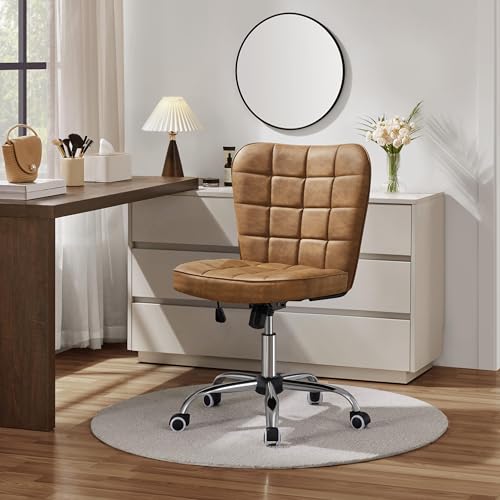 Yaheetech Armless Desk Chair Modern Tufted Office Chair Faux Leather Upholstered Computer Chair with Adjustable Seat Height and Rolling Wheels for Home/Office, Retro Brown Yaheetech