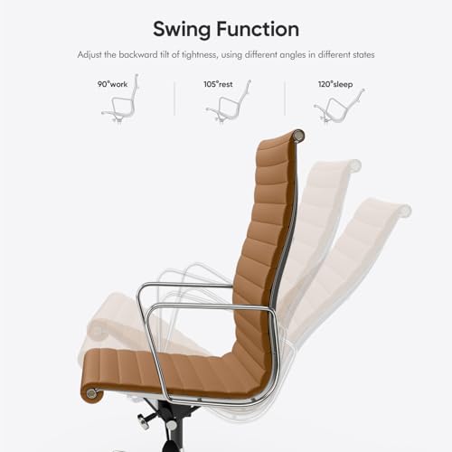 OTDMEL Ribbed Office Chair with Top Grain Leather - High Back Ergonomic Desk Chair with Aluminum Arm Rest and 5-Star Base, Swivel Chairs Light Brown OTDMEL