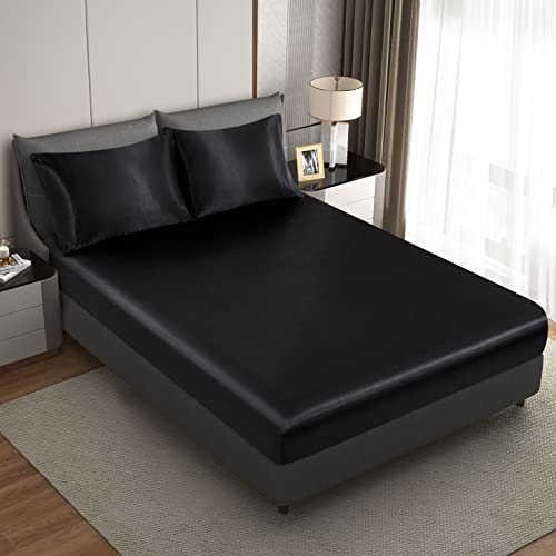 HommxJF Silk Satin Black Full Fitted Sheet, Deep Pocket Fitted Sheet Only, Breathable, Non- Fading, Fully Elasticized Bed Sheets Sold Separately HommxJF