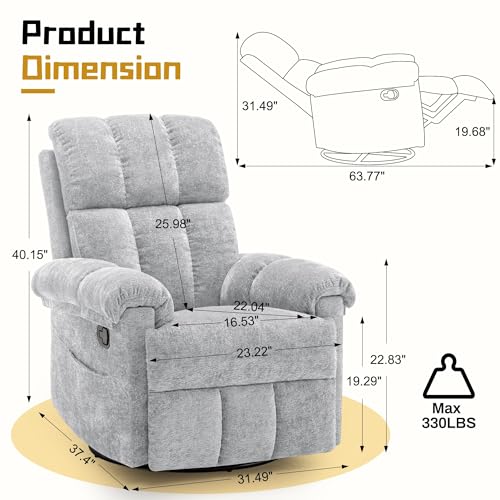 Korser Recliner Chair, Swivel Rocker Recliner Chair for Adults, Small Recliners for Small Spaces, Manual Recliner Chair with Side Pockets, Nursery Rocking Chair for Living Room, Chenille, Silver Grey