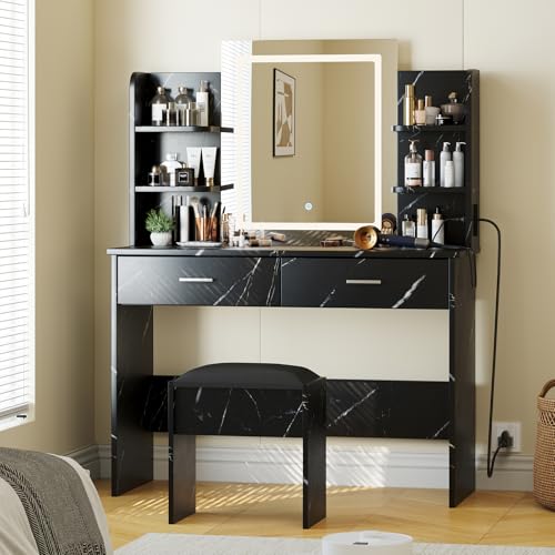 GAOMON Makeup Vanity Desk with Lights and Mirror, Vanity Table with 3 Lighting Modes, Storage Drawer, Shelves, Charging Station and Included Stool for Bedroom, Marble Black GAOMON