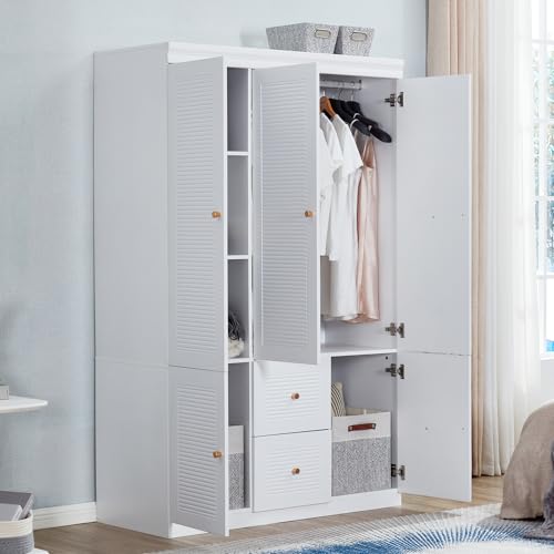 WonderWard 74" H Wardrobe with 3 Doors and 2 Storage Drawers, White Armoire Wardrobe Closet, Bedroom Closet with Hanging Rod, Clothing Wardrobe Closet, Wooden Louvered Wardrobe Closet. WonderWard
