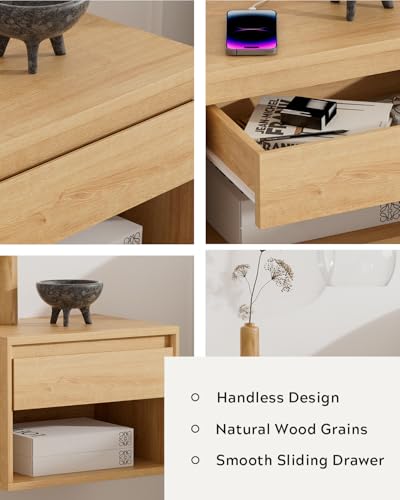 MoomJiee Floating Nightstands Set of 2, Mid Century Modern End Table with Drawer and Open Compartment Wall Mounted Wooden Bedside Night Stand Small Storage Cabinet for Bedroom, Natural Oak MoomJiee