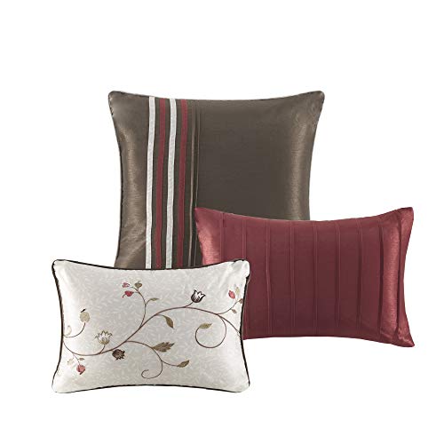 Madison Park Serene Faux Silk Comforter Set - Floral Embroidery Design, All Season Bedding Set, Matching Bed Skirt, Decorative Pillows, Red Cal King(104"x92") 7 Piece Madison Park