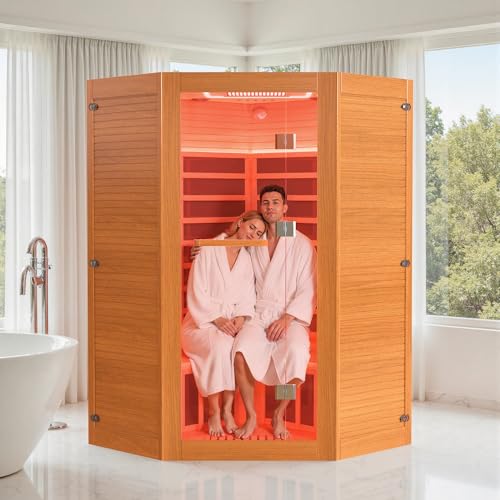 HUGROVE 2-3 Person Low EMF FAR Infrared Sauna for Home, Indoor Canadian Hemlock Dry Heat Sauna Kit with Bluetooth Speakers, LED Lights & Smart Control Panel HUGROVE