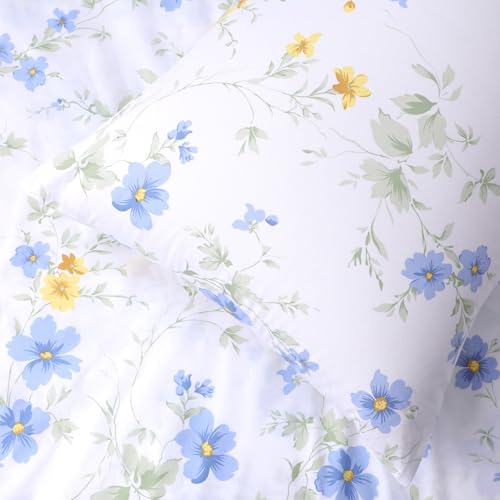 YINFUNG Blue Floral Cotton Duvet Cover Set Full White Yellow Flower Wildflower Cottage Botanical Summer French Country Girls Women Spring All Season Duvet Cover Zipper Aesthetic Bedding Set YINFUNG