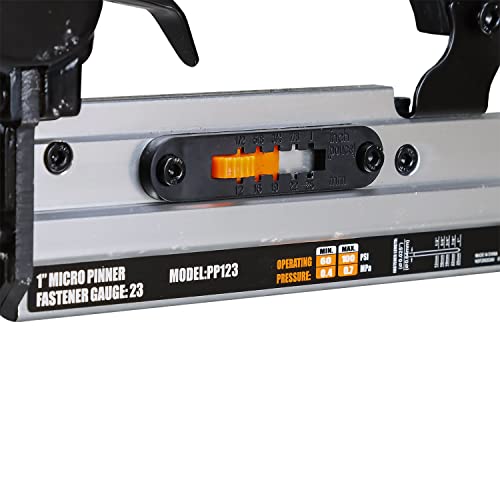 Freeman PP123 Pneumatic 23-Gauge 1" Micro Pinner Ergonomic and Lightweight Nail Gun with Safety Trigger and Pin Size Selector for Crafts, Moulding, and Picture Frames Freeman