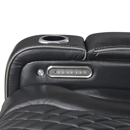 Lexicon Power Double Reclining Sofa, Center Drop-Down Table with Heat/Massage/Headrest/Storage Arms/Cup Holders/LED Lights/Wireless Charging, Top Grain Leather Match Wall Hugger Recliner Sofa, Black
