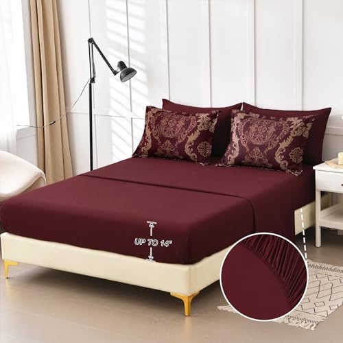 WONGS BEDDING Burgundy Comforter Set Queen Size, Maroon Damask Texture 7 Pieces Bed in a Bag Microfiber Comforter Bedding Sets -1 Comforter, 1 Flat Sheet, 1 Fitted Sheet, 2 Pillow Shams, 2 Pillowcases WONGS BEDDING