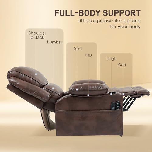 HOMCOM Power Lift Recliner Chair for Elderly, Wide Faux Leather Lift Chair with Vibration Massage and Heat, Overstuffed Reclining Single Sofa with Remote, USB Port, Side Pockets, Brown