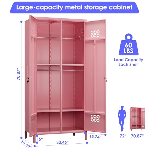 METAN 71" H*33.5" W*20" D Metal Wardrobe Closet with Lock,Extra Deep 2 Doors Metal Wardrobe Cabinet for Home,Assembly Required,Pink METAN