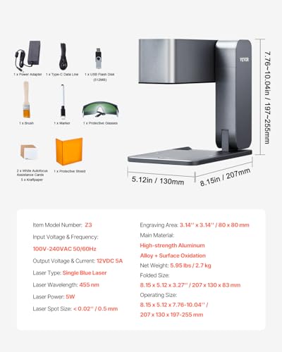 VEVOR Portable Laser Engraver, Handheld Engraving Machine 36000mm/min High Speed DIY Laser Engraver and Cutter Basic Set for Metal, Wood, Leather, Arylic, Fiber, Jewelry, Glass VEVOR
