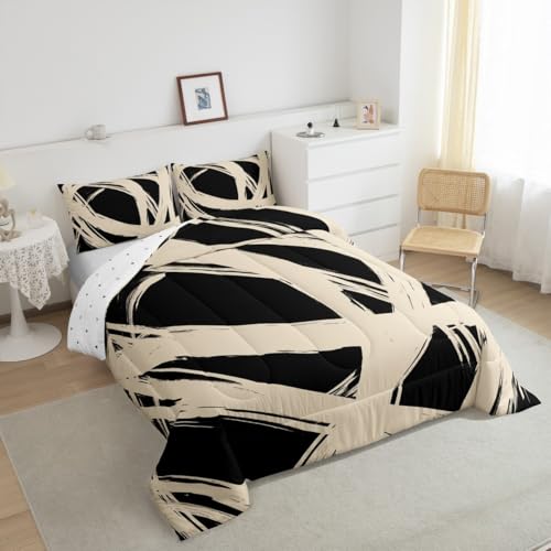 Erosebridal Beige and Black Abstarct Queen Comforter Set for Adult Women Men, Geometric Striped Bedding Set for Minimalists,Graffiti Aesthetic Lines Quilt,Contemporary Boho Modern Art Duvet Insert Erosebridal