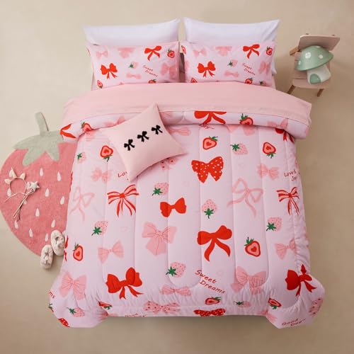 A Nice Night Red Bow Comforter Set,6 Piece Bed in a Bag Matching Sheet Set,Cute Ribbon Bowknot Bedding Sets,Princess Style Strawberry Printed,Light Pink Room Decor for Girls,Twin A Nice Night