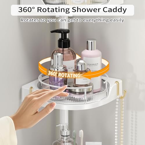 shuang qing 360° Rotating Corner Shower Caddy Tension Pole Organizer - 4-Tier Adjustable Rustproof Metal Pole, Plastic Shelves with Safety Guardrail, Bathroom Storage for Shower & Bathtub(White) shuang qing