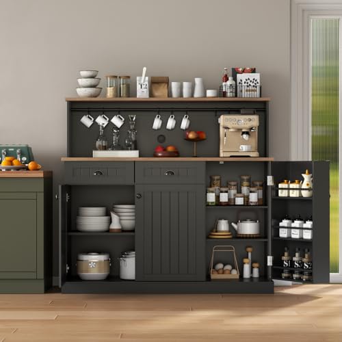 Gyfimoie Sideboard Buffet Cabinet with 2 Drawers, Farmhouse Kitchen Pantry with Adjustable Shelves, Coffee Bar Cupboard Cabinet with 3 Doors for Kitchen, Dining Room (Black) Gyfimoie