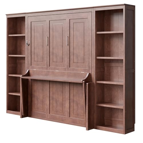SOFTSEA Queen Murphy Bed with Desk and Storage, Wood Foldable Wall Bed Frame with Bookcase Shelves, Hidden Wall Bed Cabinet for Adult, Guest Room, Dark Brown SOFTSEA