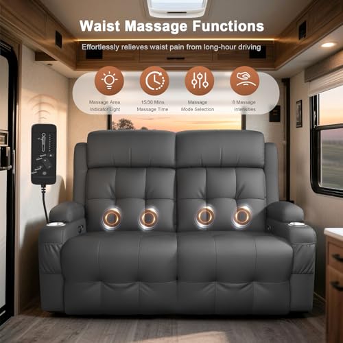 Tiooii RV Loveseat Recliner Sofa, Massage Wall Hugger Recliners Couch with USB Port, Side Pockets, Cup Holders, 150° Reclining Sleeper, for RV Furniture & RV Camper & Home Theater Seating