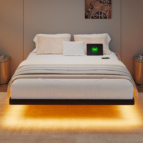 GalnFu King Size Floating Bed Frame with LED Lights and Charging Station, Metal Platform Bed Frame with Heavy Duty Steel Slats Support, Noise-Free, No Box Spring Needed, Easy Assembly GalnFu