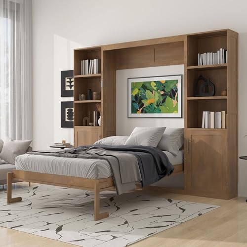 MERITLINE Queen Farmhouse Murphy Bed with Storage Bookcase Shelves and Cabinets, Solid Wood Foldable Hidden Vertical Murphy Wall Bed with Storage for Adults MERITLINE