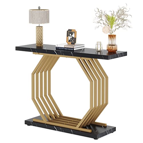 Tribesigns Gold Console Table, Faux Marble Entryway Table Narrow Sofa Table with Geometric Metal Base, 40 Inch Modern Accent Table Entrance Table for Living Room, Hallway, Foyer, Black Tribesigns