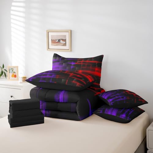 Feelyou Red and Purple Comforter Set with Sheets 7 Piece Queen Size Kids Geometric Bed in a BagStrip Lines Bedding Set Abstract Art Bed Set with Comforter, Sheets,Pillowcases,Cushion Covers Feelyou