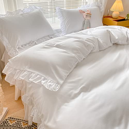 MOOWOO Chic Ruffle Lace Polyester Duvet Cover Set -Girl White Bedding-2 Piece Twin Comforter Duvet Cover with Zipper Closure -Ultra Soft and Light Weight(White, Twin)-NO Including Comforter MOOWOO
