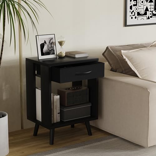 GYIIYUO Nightstands Set of 2 with Fabric Storage Drawer and Open Wood Shelf, Side Table with Storage for Bedroom, Night Stand with Drawer for Bedroom, Bedside Tables - Black 24" H GYIIYUO