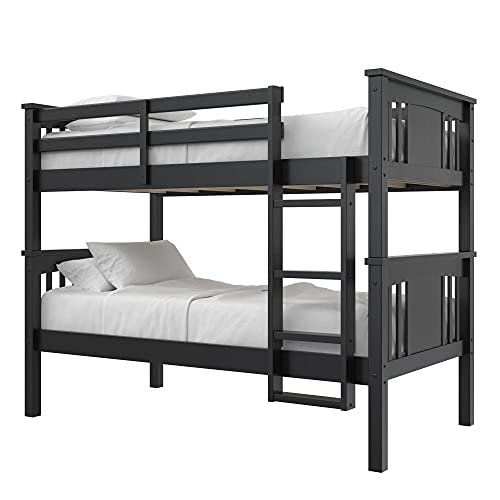 DHP Dylan Twin Over Twin Bunk Bed, Espresso, Sturdy Wood Construction, Converts to 2 Twin Beds, Guard Rails, Step Ladder DHP