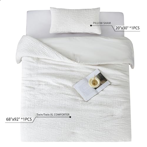COTTEBED Reversible Chenille Cotton Twin Size Comforter Sets, Luxury Textured Stripe Soft Bedding Comforter Modern for Kid Child Teen Boy College Dorm,Lightweight All Season(White,Twin/Twin XL) COTTEBED