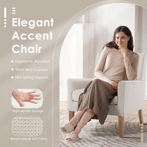 COLAMY Modern Wingback Living Room Chair, Upholstered Fabric Accent Armchair, Single Sofa Chair with Lounge Seat and Wood Legs for Office/Bedroom/Reading Spaces, Beige COLAMY