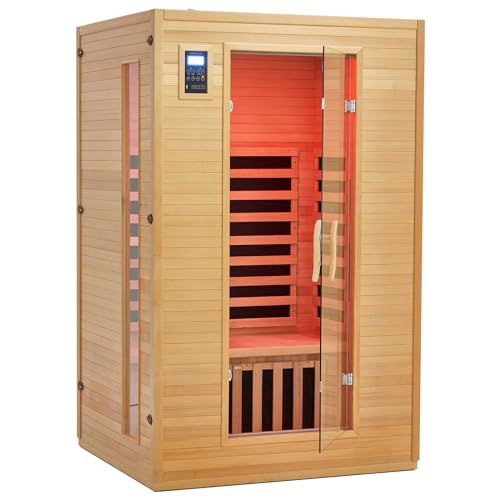 2024 Upgrade 2 Person Sauna, Low EMF 6 Heating Plate Infrared Physical Therapy Wooden Dry Steam Sauna with MP3 Auxiliary Connection, Dual Controls, Iron Shirt Wall Plate, Home Spa Day Use, Gift PioneerWorks