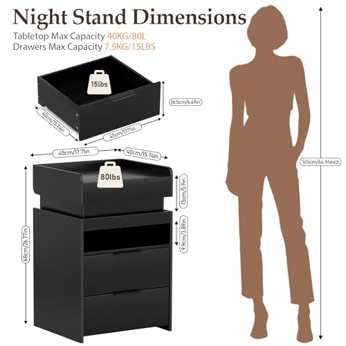 Suuiwau Black LED Nightstand with Charging Station, App - Controlled LED Lights & Sliding Top, Night Stand End Table with Hidden Compartment for Bedroom Suuiwau