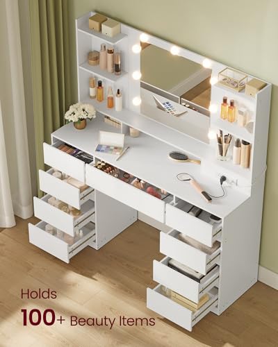 VASAGLE Kailyn Collection - Vanity Desk with Mirror and 9 LED Bulbs, Vanity Makeup Table with Power Outlets, Dressing Table with 9 Drawers, for Bedroom, Cloud White URDT141WB01S VASAGLE