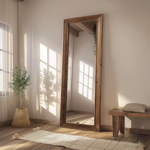 MELOMOIR Rustic Farmhouse Full Length Mirror, 64"x21" Wood Frame Floor Mirror, Free Standing Mirror Leaning Hanging Mirror, Long Mirror for Bedroom Living Room Cloakroom, Wood MELOMOIR