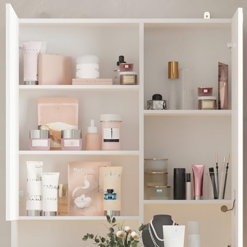 TAMUNE Vanity Desk with Mirror and Lights, Makeup Vanity with Drawers and Hidden Shelves, Full Length LED Mirror, Bedroom Dressing Table with Sliding Top, Grid Drawer, White, 19.7”D x 31.5”W x 63”H TAMUNE
