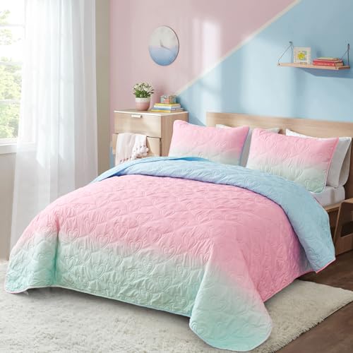 Xruibed Pink Quilt Set Twin Size Ombre Blue Pink Mint Quilt Sets Kids Girls Bedding Set 2PCs Summer Reversible Lightweight Microfiber Bedspread Coverlet Sets for All Season (68''x86'') Xruibed