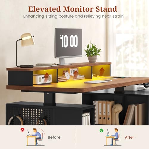 Standing Desk Adjustable Height, 70" Executive Electric Office Desk, Sit Stand Computer Desk with Storage Drawer, Power Outlets, Led Lights, Monitor Stand, Printer Space, Pegboard Black&Walnut UPOSOJA