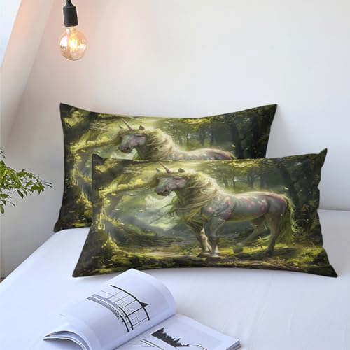 Ydtwnyq Bedding Twin Size Comforter Set Lightweight for Summer Duvet Set Green 3 Pieces (1 Quilt and 2 Pillowcases) Ethereal Single Horn Horse Quilt for Kids Adults Ydtwnyq