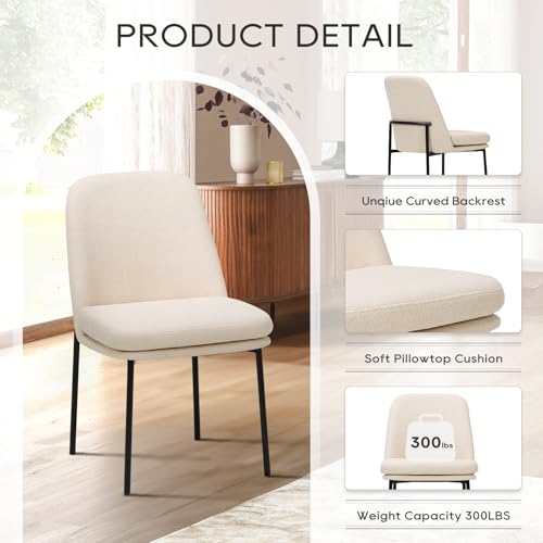 COLAMY Modern Dining Chairs Set of 2, Fabric Upholstered Dining Room Chairs Dinner Chair Stylish Kitchen Chairs with Curved Back and Metal Legs, Beige COLAMY