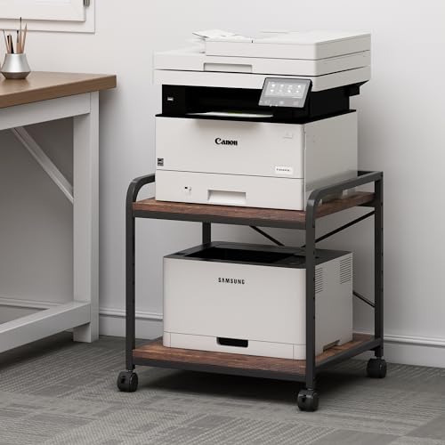 Fannova Under Desk Printer Stand, 20 Inches Deep Large Printer Table with Height Adjustable Storage Shelf, 2 Tier Rolling Printer Cart with Wheels for Home Office - Rustic Brown Fannova