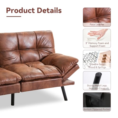 Erdoru Convertible Futon Sofa Bed,Faux Leather Futon Couch,Memory Foam Futons Bed,Small Splitback Modern Loveseat Sleeper Sofa for Living Room,Office,Apartment,Brown Erdoru