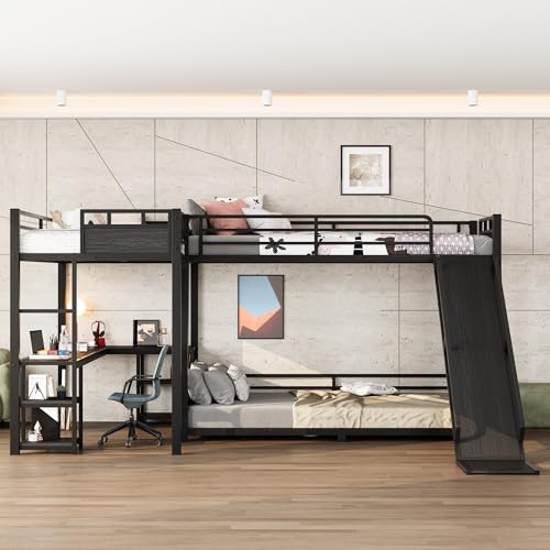 MERITLINE Full Over Full(XL) L-Shaped Metal Bunk Bed with Desk and Slide, Heavy Duty Triple Bunk Bed with Storage Shelves, L-Shaped Bunk Bed for Teens Adults, Space Saving and Quiet Design, Black MERITLINE
