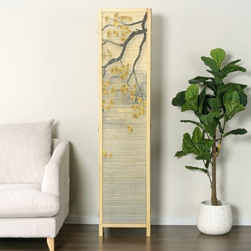 MyGift 6 Panel Large Bamboo Room Divider with Dual Sided Asian Birds Gingko Biloba Tree Sunset Design Print, 6FT Freestanding Artwork Privacy Partition Folding Screen with Beige Solid Wood Frame MyGift