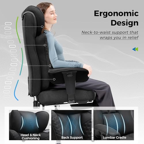 GTPLAYER Big and Tall Office Chair 400LBS Wide Ergonomic Fabric Deluxe Embossing Designed Gaming Chair with Foot Rest,150°Reclining Adjustable Armrests Pocket Spring Back Support and Pillow GTPLAYER
